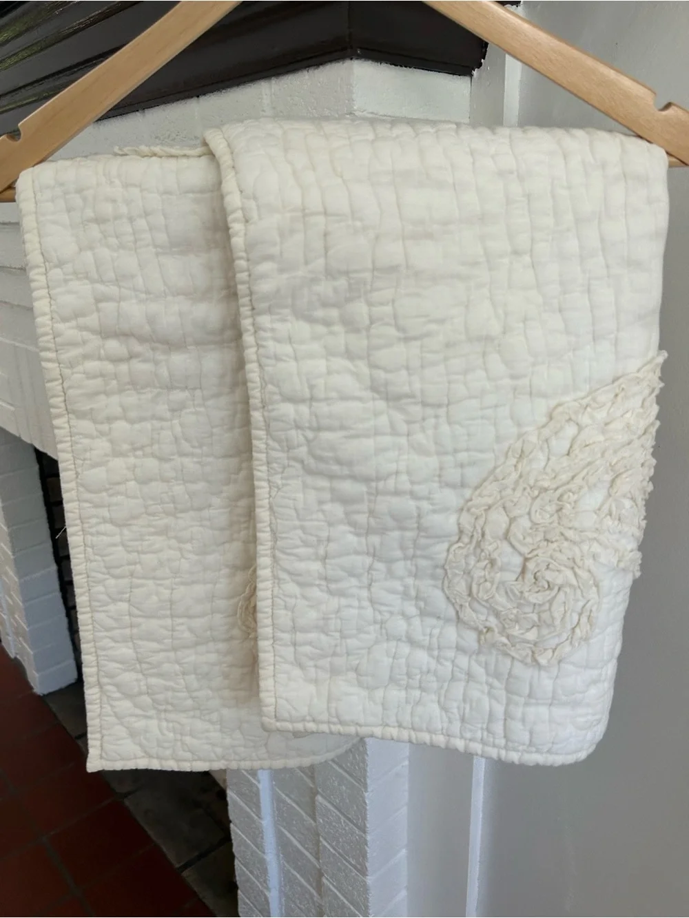 Pottery Barn Creamy White Quilted Pillow Shams with Rosette Accent (2)